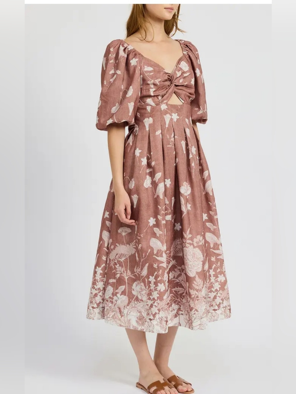 En Saison Art Nouveau Floral Puff-Sleeve Midi Dress Size L